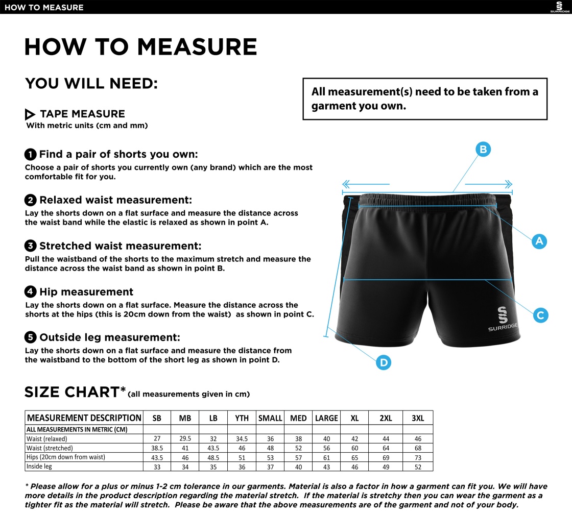 Preston Panthers - Performance Gym Short - Unisex Fit - Size Guide